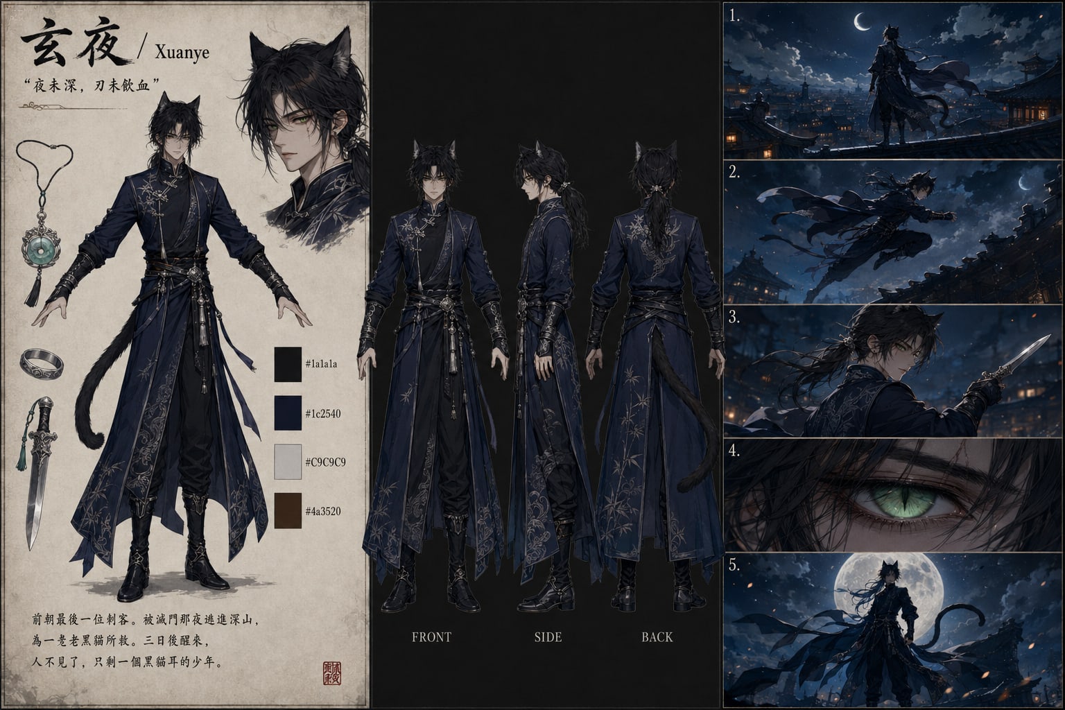GPT Image 2 三分軸實測成果:玄夜角色設定面板(左欄)+ 三視圖(中欄)+ 五鏡頭分鏡(右欄)